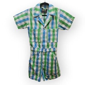 Big Bud Press Short Sleeve Jumpsuit XS Green Blue Gingham Plaid Cotton Romper